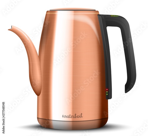 Realistic electrical kettle made of metal copper. Vector illustration on white