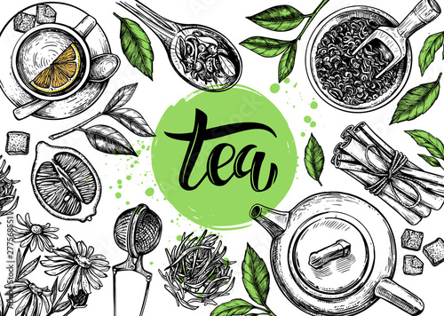 hand drawn pictures tea theme on white background