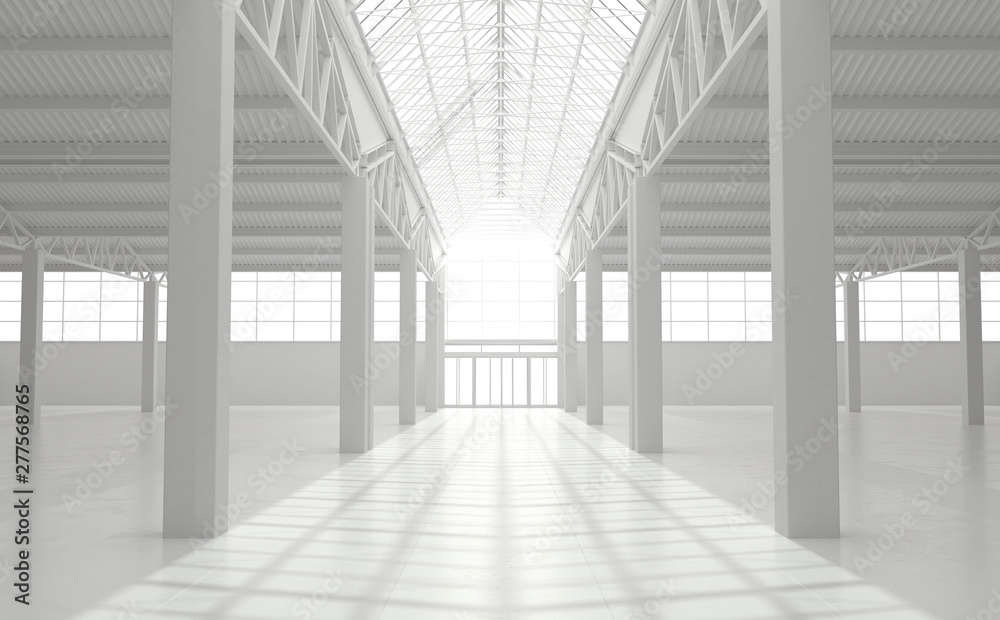 Industrial urban interior of an empty warehouse in monochrome white color. Large loft-style factory building. 3D rendering. Industrial urban interior of an empty warehouse in monochrome white color. Large loft-style factory building. 3D rendering.