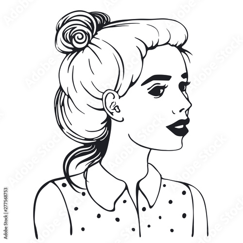 Outline portrait of a girl in a blouse with dots.