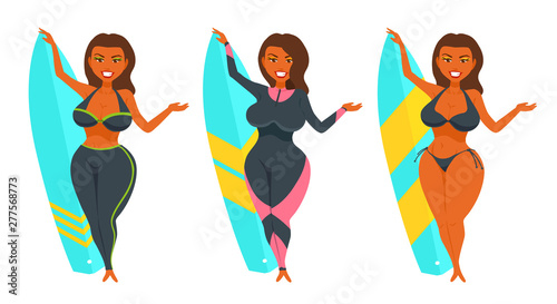 Women surfers holding a surfboard. Pretty girls wear different beachwear.