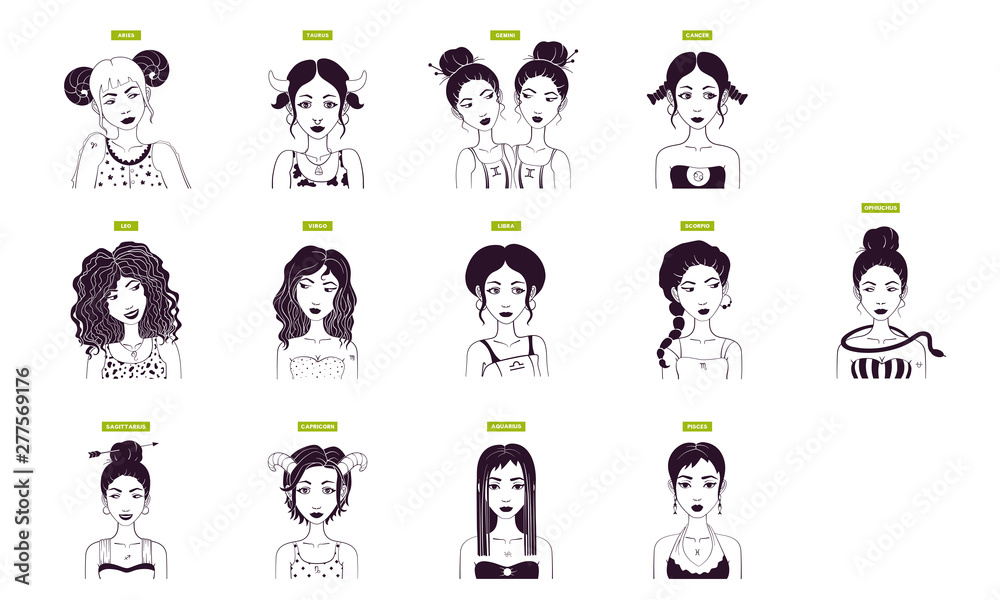 Set of 13 zodiac signs. Cartoon style avatars of girls.