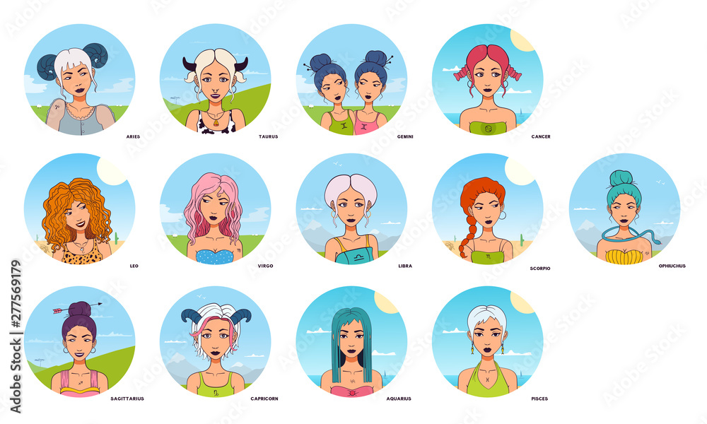 Set Of 13 Zodiac Signs, Symbols. Cartoon Style Girls Avatars. Stock Vector  | Adobe Stock