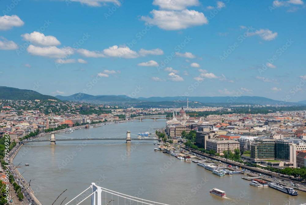 Panoramic view of Budapest in daylight, Danube River, Hungary