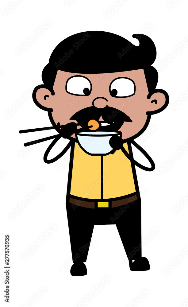 Eating Food with Chopsticks - Indian Cartoon Man Father Vector Illustration