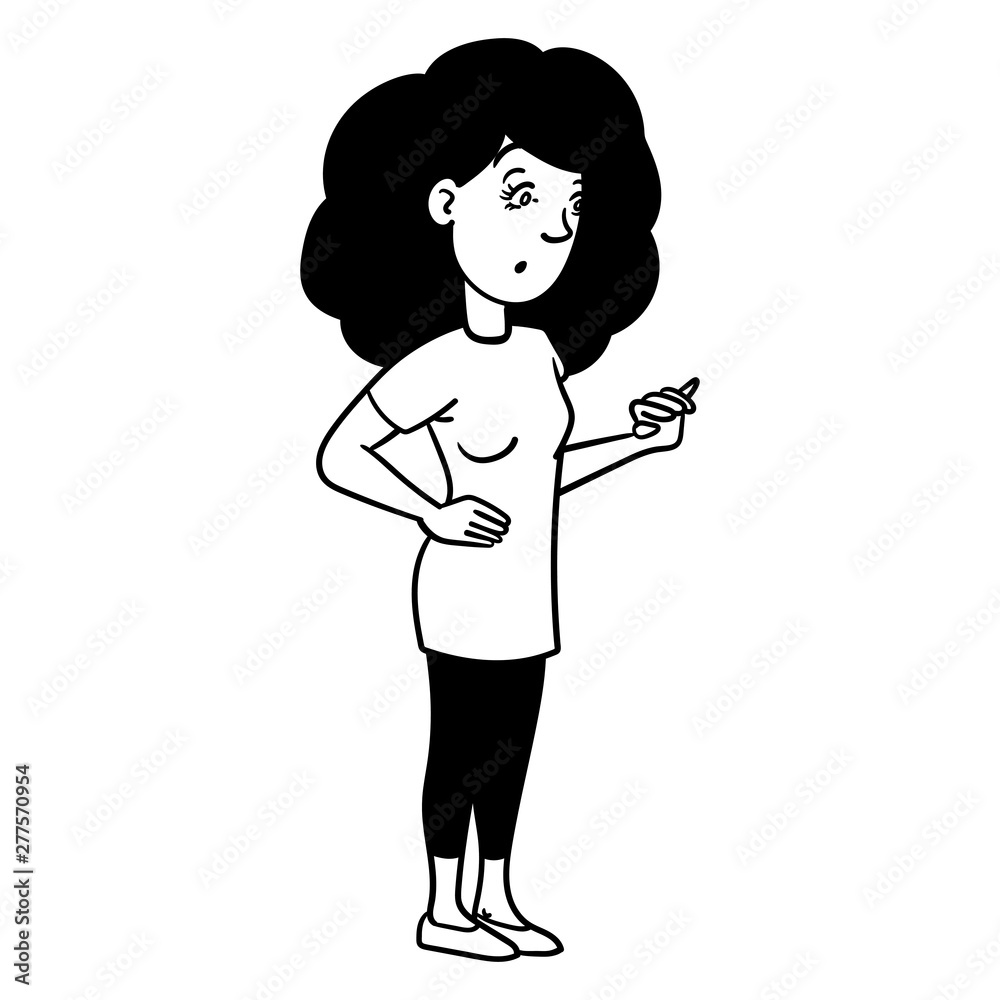 Vector comic drawing of a woman with black hair who looks down in surprise. illustration, ink, doodle, sketch. black-and-white. Vector comic drawing of a woman with black hair who looks down in surprise. illustration, ink, doodle, sketch. black-and-white.