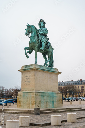 Equestrian statue of Louis XIV on Place d'Armes in front of Palace of Versailles. Palace Versailles was a royal chateau.