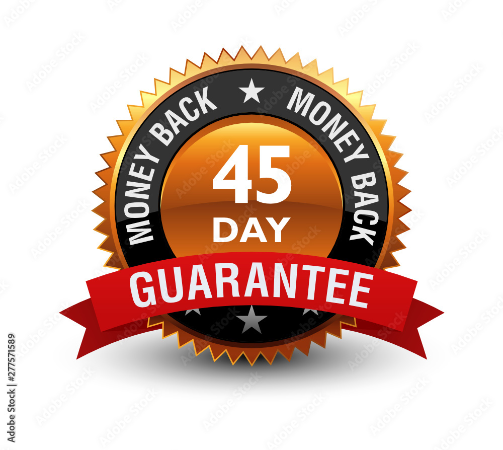 Heavy, powerful, Medal, Label, Icon, Seal, Sign, 45 day money back guarantee badge with red ribbon on top, Isolated on White Background. Heavy, powerful, Medal, Label, Icon, Seal, Sign, 45 day money back guarantee badge with red ribbon on top, Isolated on White Background.