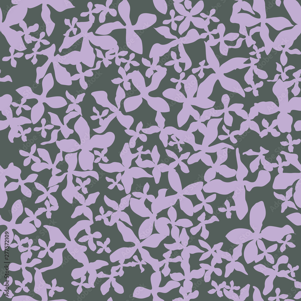 Decorative seamless pattern with chaotic small lilac flowers. Endless floral ornament with violet acosmic flowers on gray backdrop. Stylish background for fabric, wrapping, decoration.