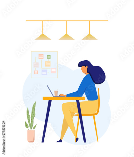 Woman in flat style working at the table using computer, laptop in the Workplace. Freelancer woman concept. Female student studying