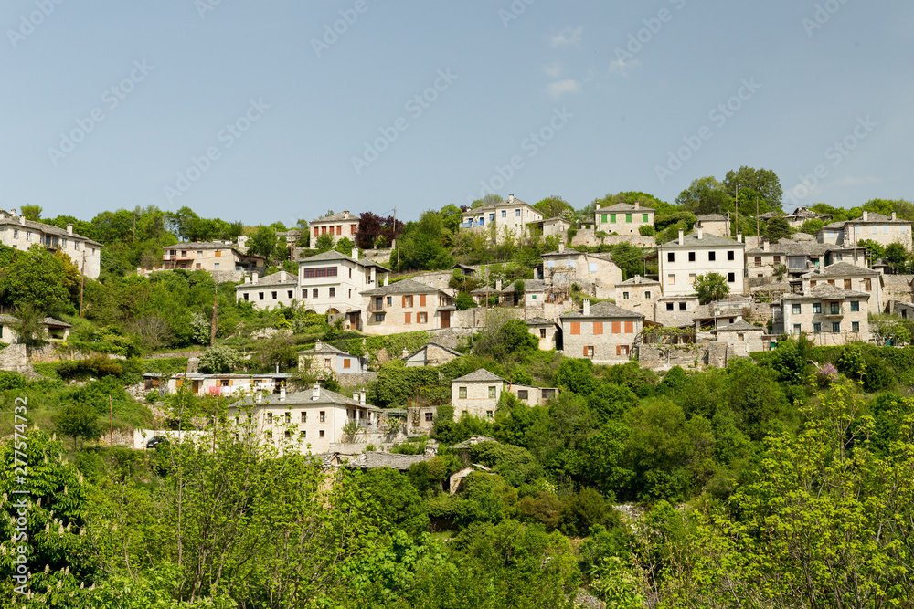 Ioannina village Vitsa in spring season old tranditional houses and green trees