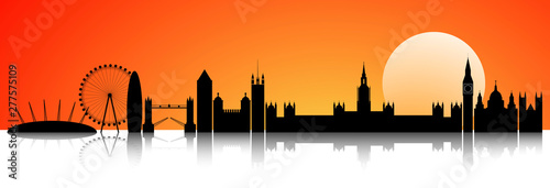 London at sunset skyline. City of London on the horizon. The line of the city against the backdrop of a sunny sunset
