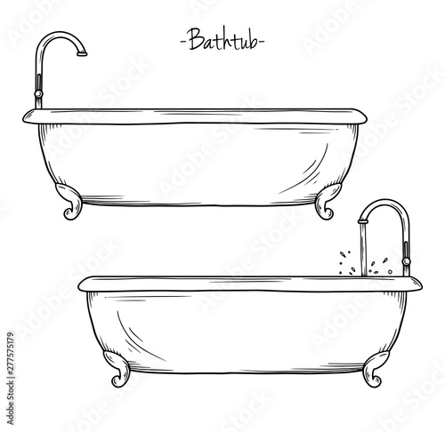 Sketch bath with faucet. Vector illustration in sketch style