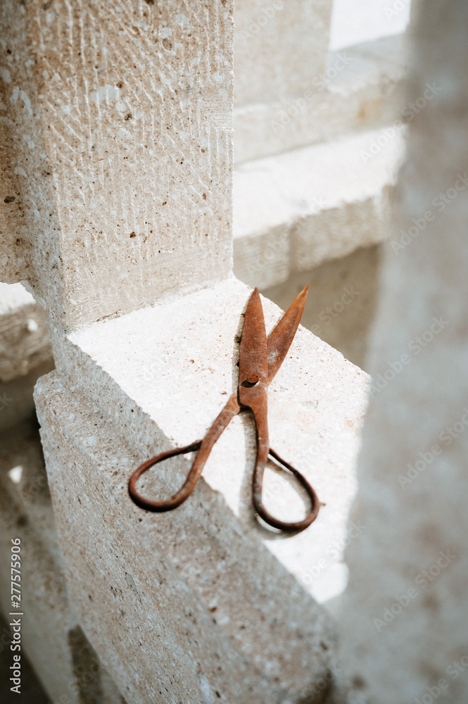 Old used tailoring scissors outdoor close up