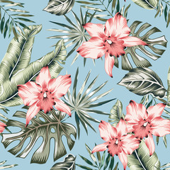 Deken met foto Palmbomen patronen Tropical pink orchid flowers and palm leaves bouquets, blue background. Vector seamless pattern. Jungle foliage illustration. Exotic plants. Summer beach floral design. Paradise nature  © ojardin