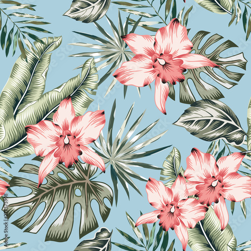 Tropical pink orchid flowers and palm leaves bouquets, blue background. Vector seamless pattern. Jungle foliage illustration. Exotic plants. Summer beach floral design. Paradise nature
