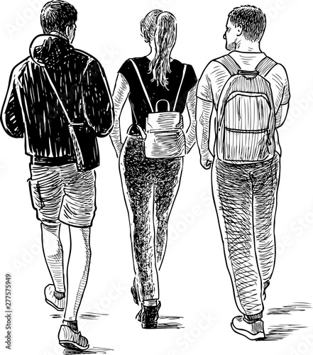 Hand drawing of the students friends going on a walk