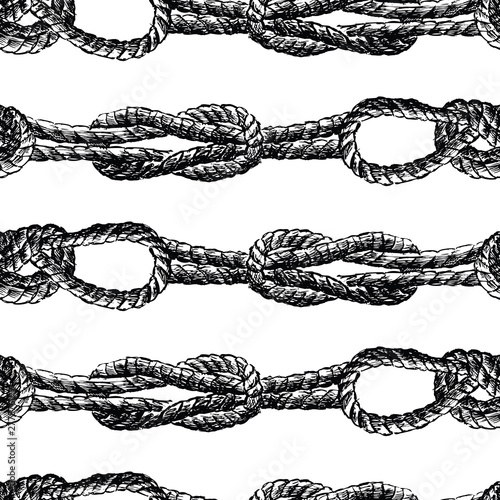 Seamless background of sketches of rigging rope tied in knots