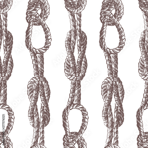 Seamless pattern of drawn rigging rope tied in knots