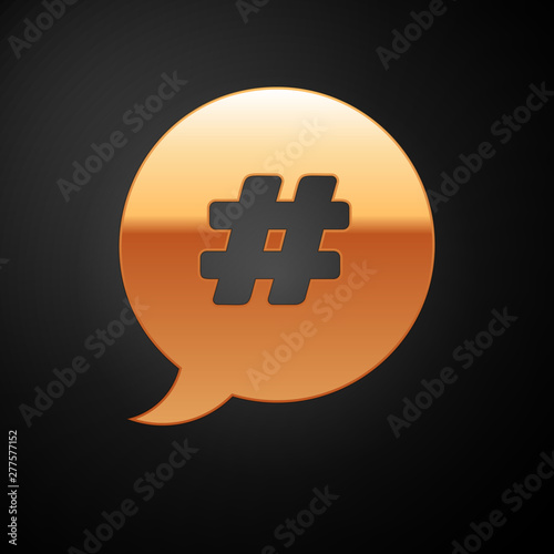 Gold Hashtag speech bubble icon isolated on black background. Concept of number sign, social media marketing, micro blogging. Vector Illustration