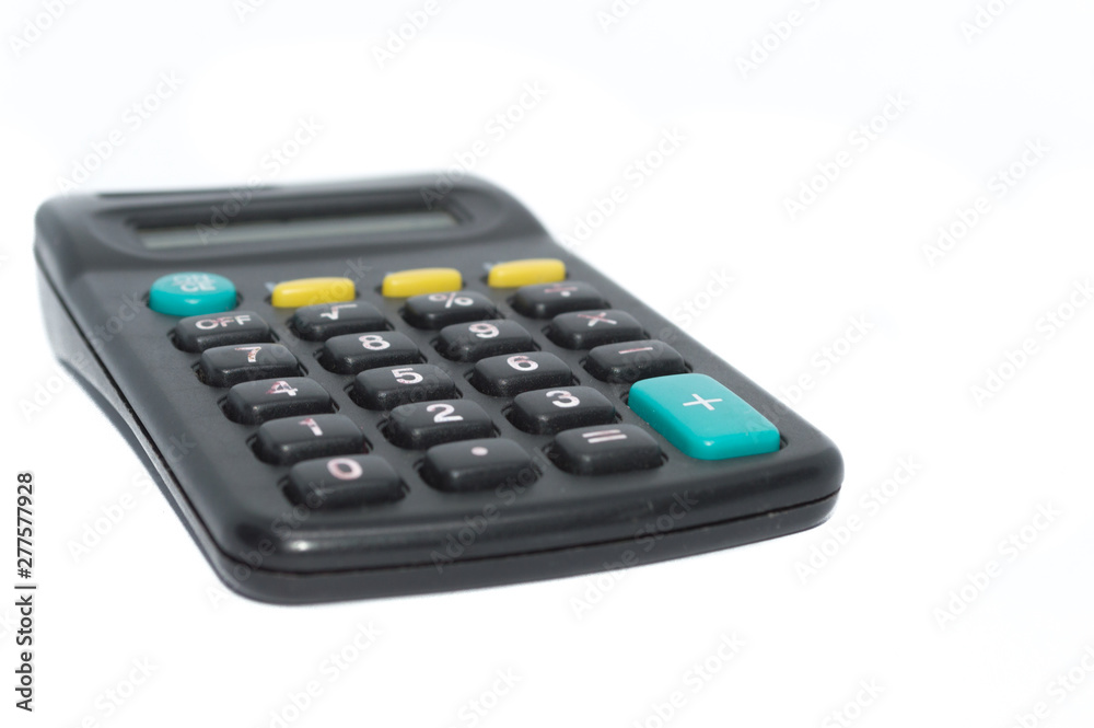 black calculator for studies or household tasks, isolated on white background, with copy space black calculator for studies or household tasks, isolated on white background, with copy space