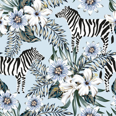 Handdoek met foto Palmbomen patronen Zebra met hibiscus en passiebloemen  © ojardin