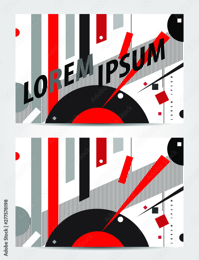 Obraz premium Abstract vector geometric pattern. Example message, red and black triangles, circles and rectangles, lines and points isolated on white background. Vector template for banners and posters of modern de