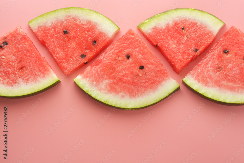 Slices of watermelon isolated on pink background. Top view. Flat lay. Summer background. Slices of watermelon isolated on pink background. Top view. Flat lay. Summer background.