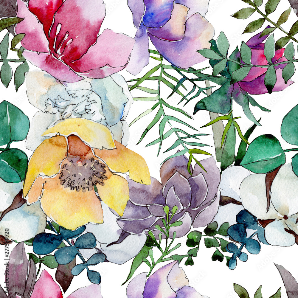 Bouquet floral botanical flowers. Watercolor background illustration set. Seamless background pattern.