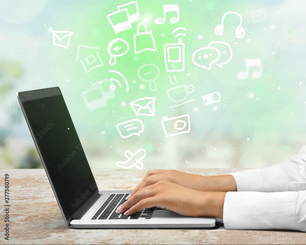 Woman Working with Laptop on background, close-up Woman Working with Laptop on background, close-up