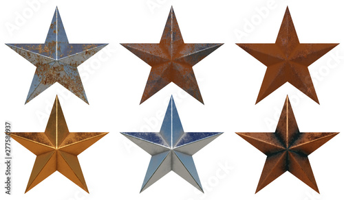 Six different realistic metal stars isolated on white background 3D rendering