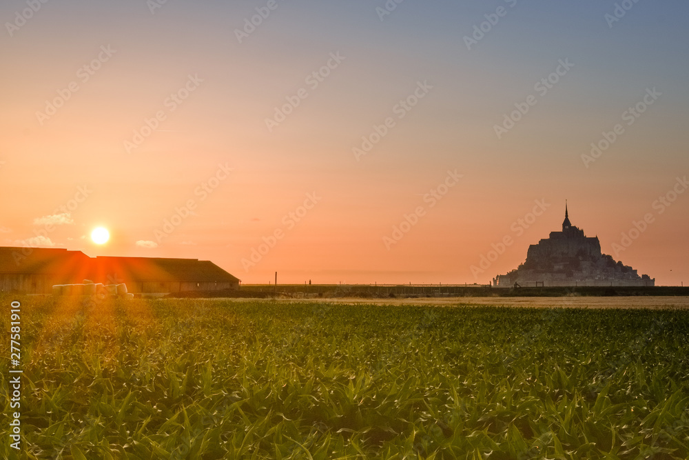 Silhouette at sunset from the farmland of Mont Saint Michel, France