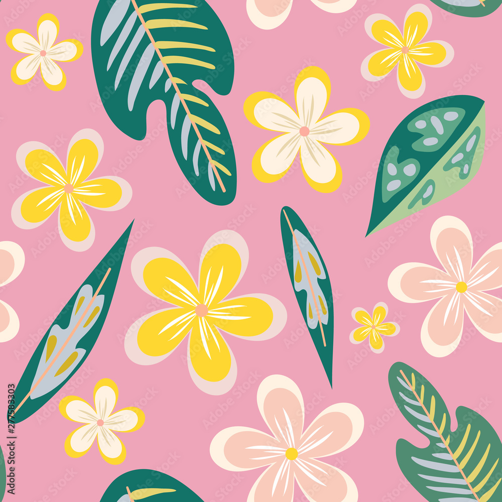 Obraz premium Seamless pattern of hand drawn plumeria tropical flowers and leaves on a pink background.