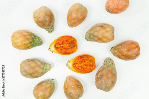 Prickly pear cactus fruits - Opuntia ficus indica; photo on neutral background