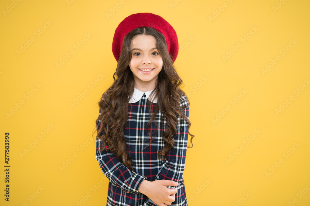 Positive vibes. happy girl in french beret. fashionable school uniform. kid fashion. parisian fashion girl. childrens day. child on yellow background. small girl kid with long curly hair Positive vibes. happy girl in french beret. fashionable school uniform. kid fashion. parisian fashion girl. childrens day. child on yellow background. small girl kid with long curly hair