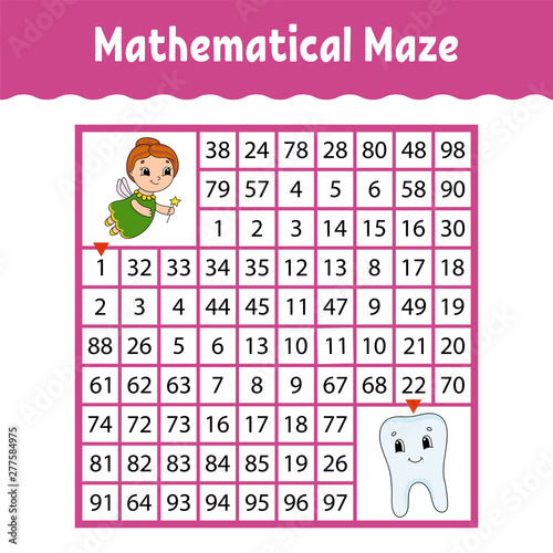 Mathematical maze. Game for kids. Funny labyrinth. Education developing worksheet. Activity page. Puzzle for children. Cartoon style. Riddle for preschool. Color vector illustration