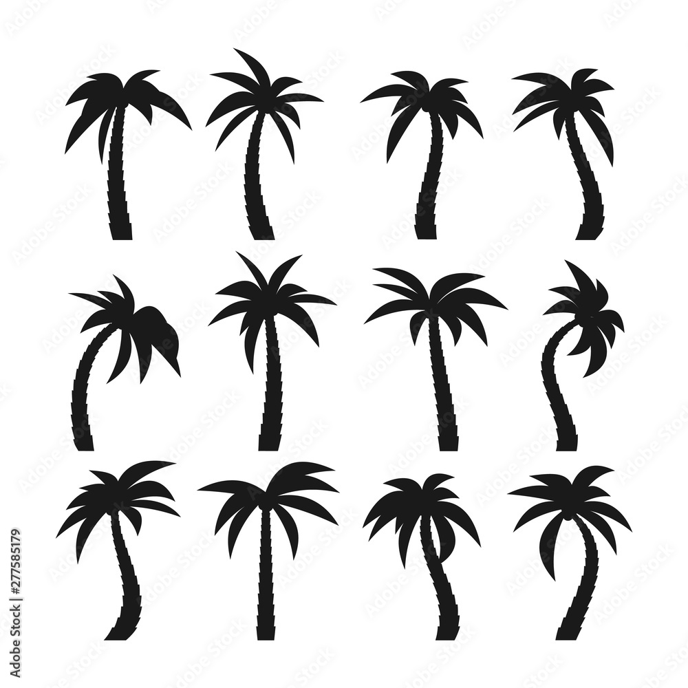 Set of sixteen different silhouettes of palm trees