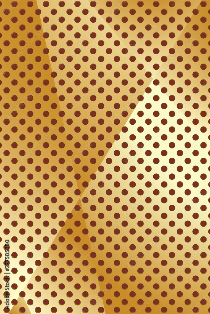 Abstract Dark Golden Metallic Pattern with Holes. Curved Spotted Plate. Raster. 3D Illustration