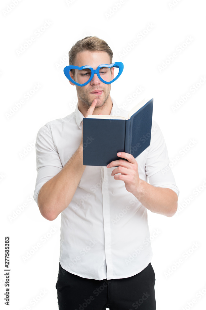 Man with book. Study hard. Self improvement literature. University student with lecture notes. Teacher funny guy. Male student reading. Student handsome diligent man. Book nerd wearing cute glasses