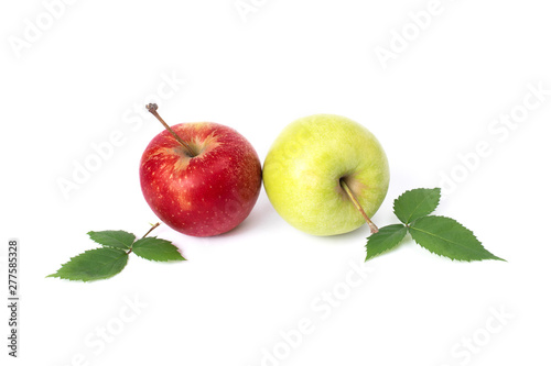 Red and green apple on a white background. Green and red apples juicy on an isolated background. A group of two apples with green leaves on a white background.