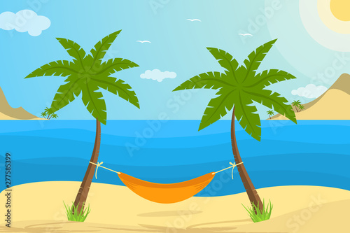 Vector summer vacation in hammock on the sunny beach with palms and shadow.