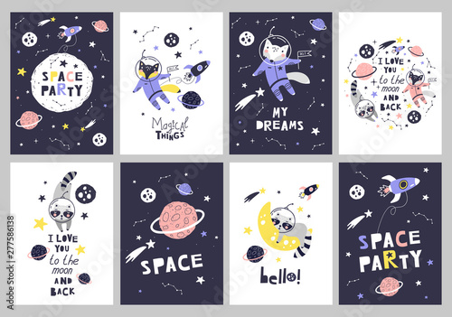 Cute cards with space animals. Can be use for typography posters, cards, flyers, banners, baby wears. Vector © 210484kate