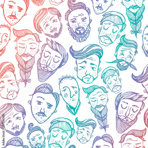 Seamless pattern with heads of cute smiling young and elderly men with various hairstyles. Backdrop with stylish people. Flat cartoon vector illustration for wallpaper, wrapping paper.