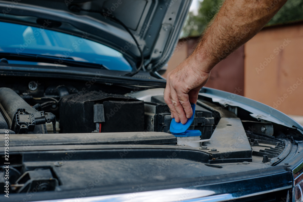 Checking liquids in the car. The man checks the level of fluids in the