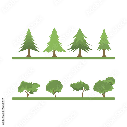 A set of different species of trees and shrubs in a flat style. Deciduous and coniferous trees and bushes in a flat style.