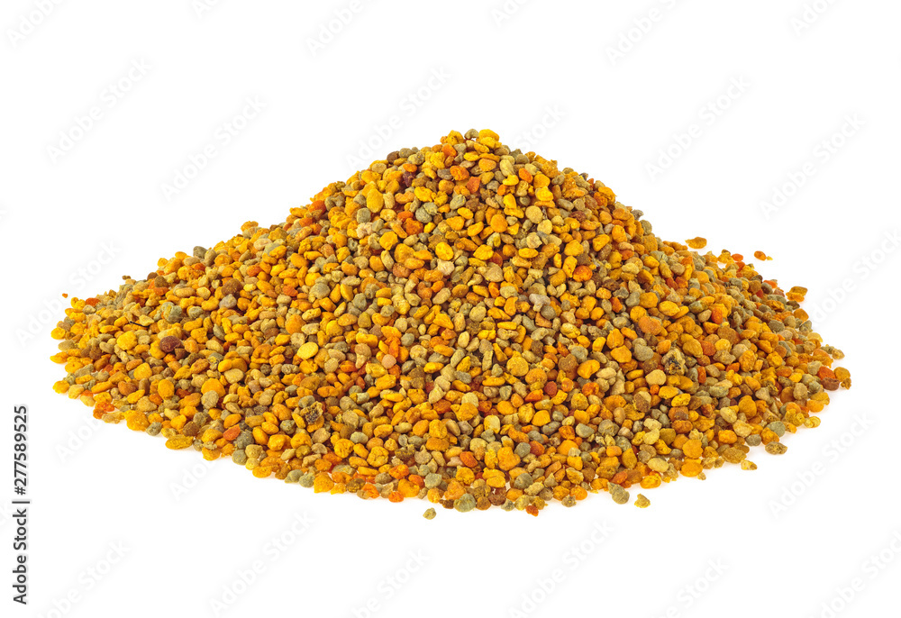 Bee pollen grains on a white background. Healthy natural medicine for influenza. - obrazy, fototapety, plakaty 