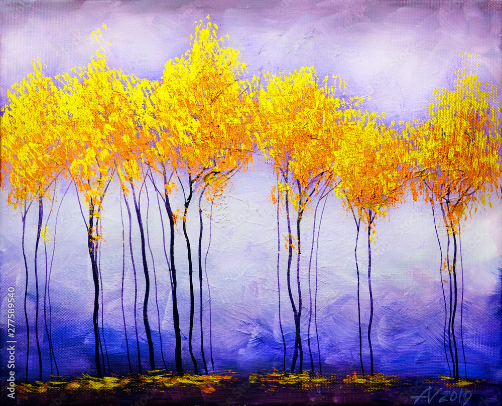 Oil painting landscape, abstract colorful gold trees