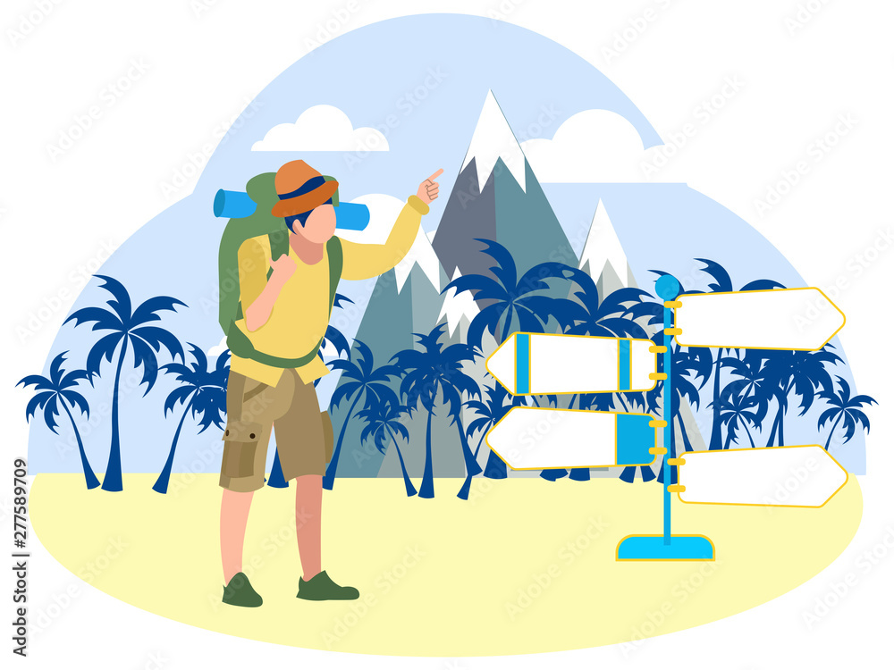 Tourist points to the signs of the minibus. In minimalist style Cartoon flat vector