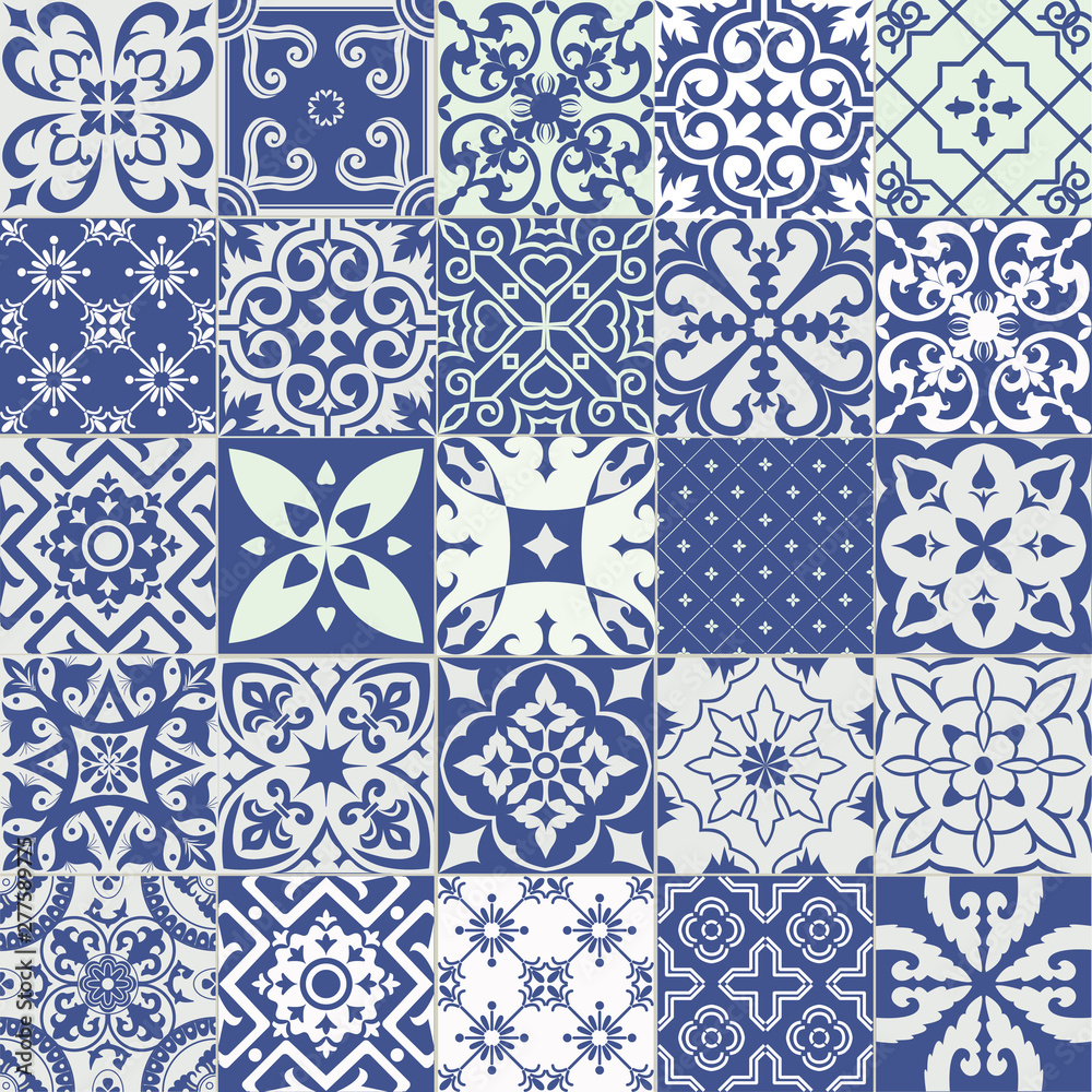 Vecteur Stock Set of tiles background in portuguese style. Blue and white  mosaic pattern. Tiles for ceramic in dutch, portuguese, spanish, italian  style. | Adobe Stock