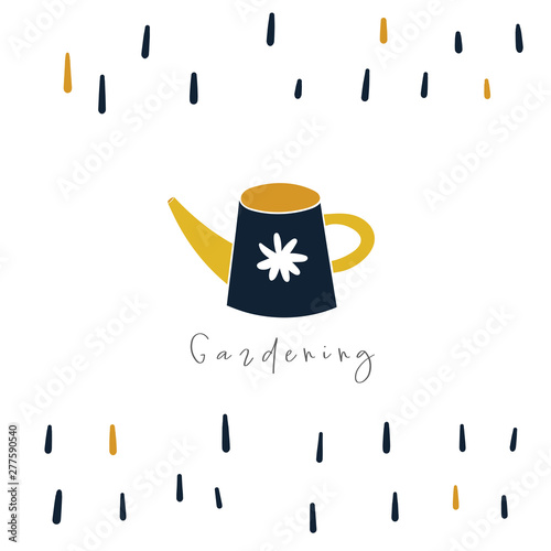 Cute hand drawn doodle card, postcard, cover, banner with watering can. Funny poster for garden season